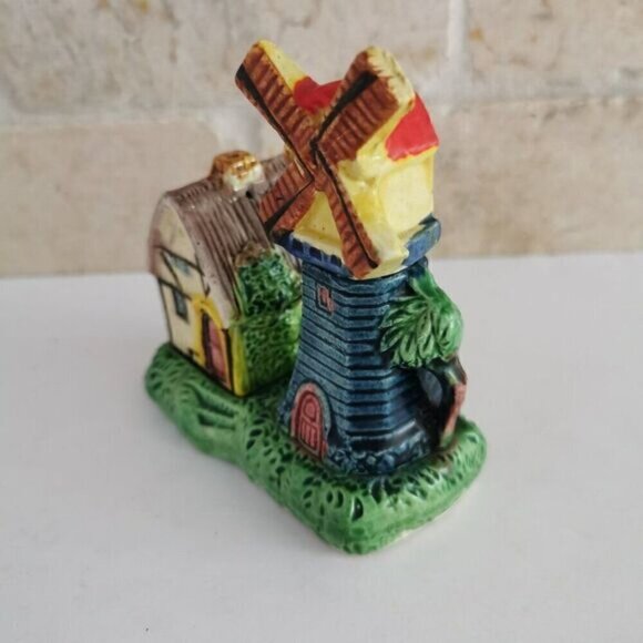 Vintage Windmill House Salt & Pepper Set, Japan Ceramic with Base 3 Pieces - Picture 7 of 9